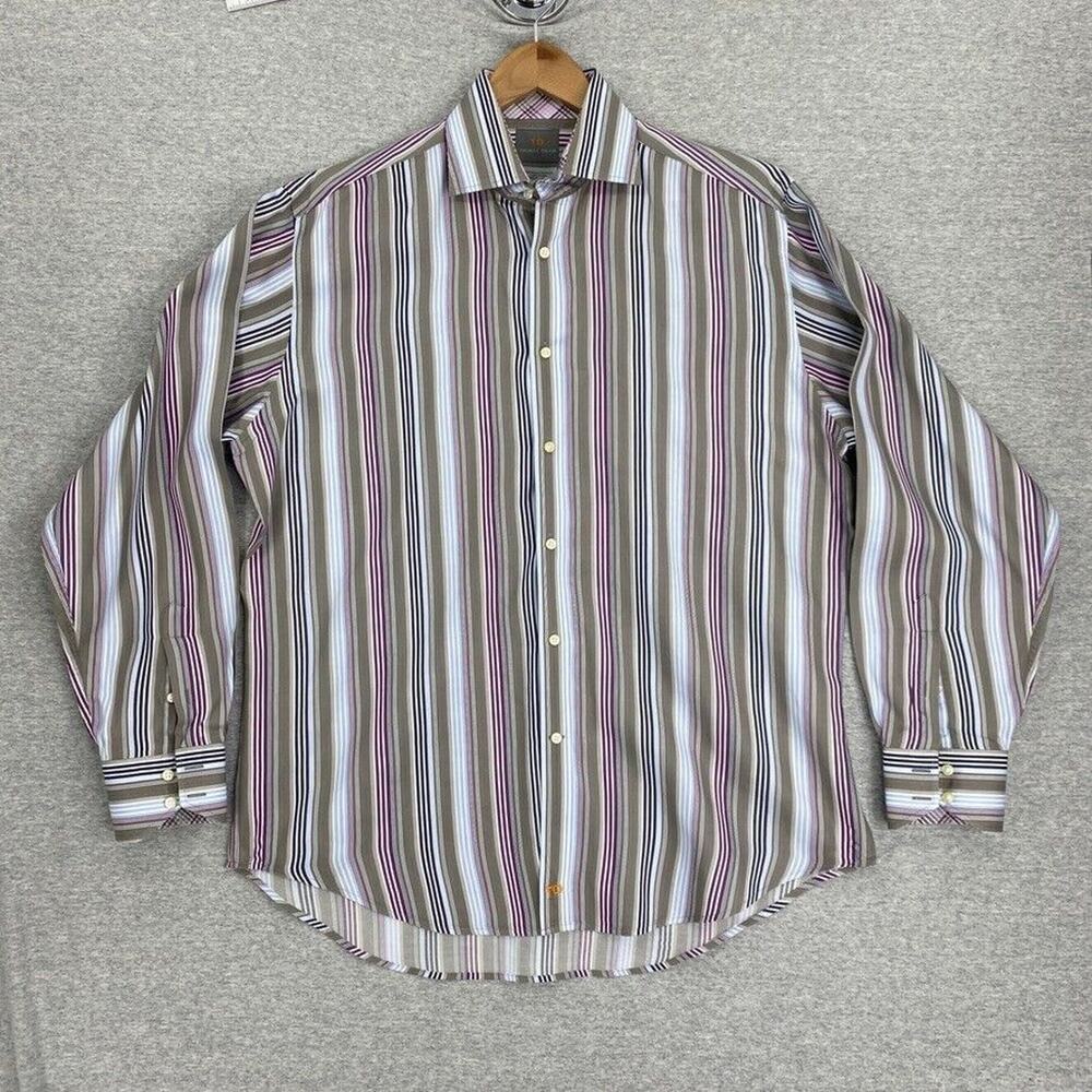 Thomas Dean Shirt Mens Large Striped Button Up Long Sleeve Flip Cuff Collared